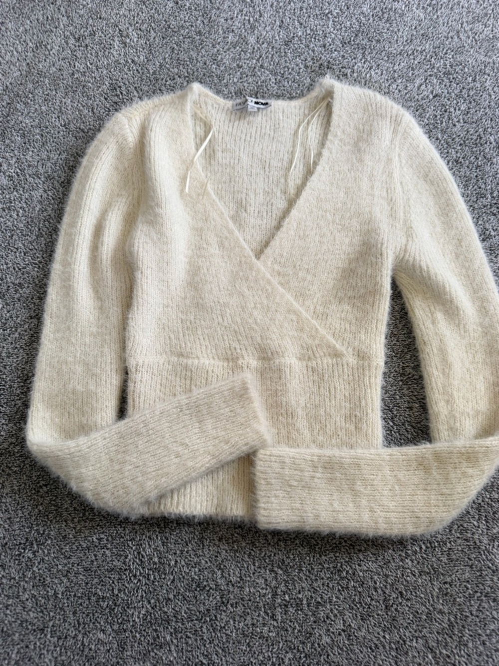 Fashion Nova Cream V-Neck Fuzzy Wrap Sweater